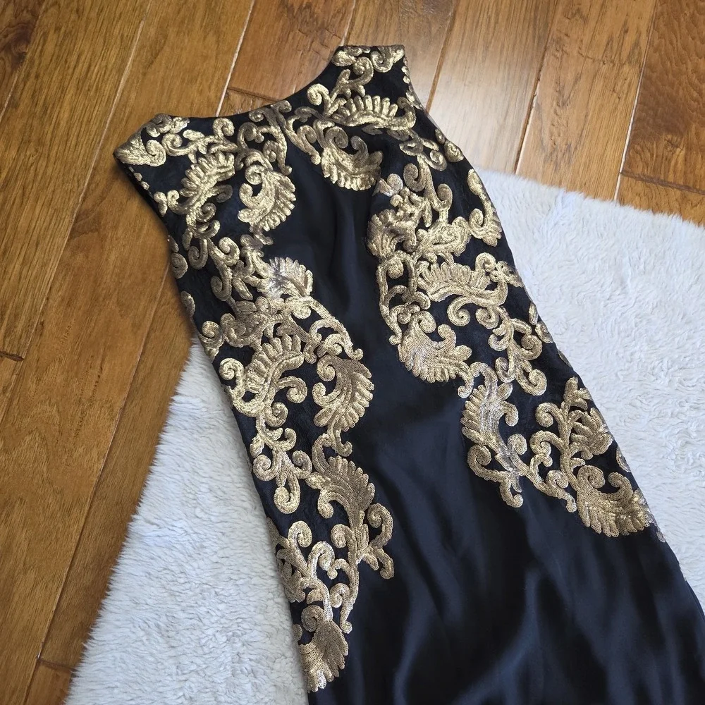 Tadashi Shoji Crepe Draped Open Back Gown Dress Women's 6 Black Gold Paillette